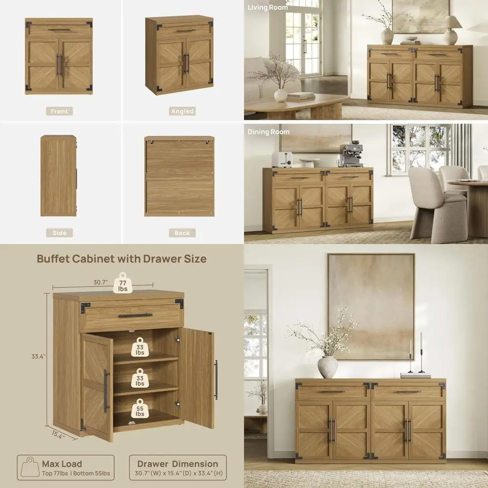 

Wide Storage Sideboard Cabinet with Door and Handle, Oak Brown Finish