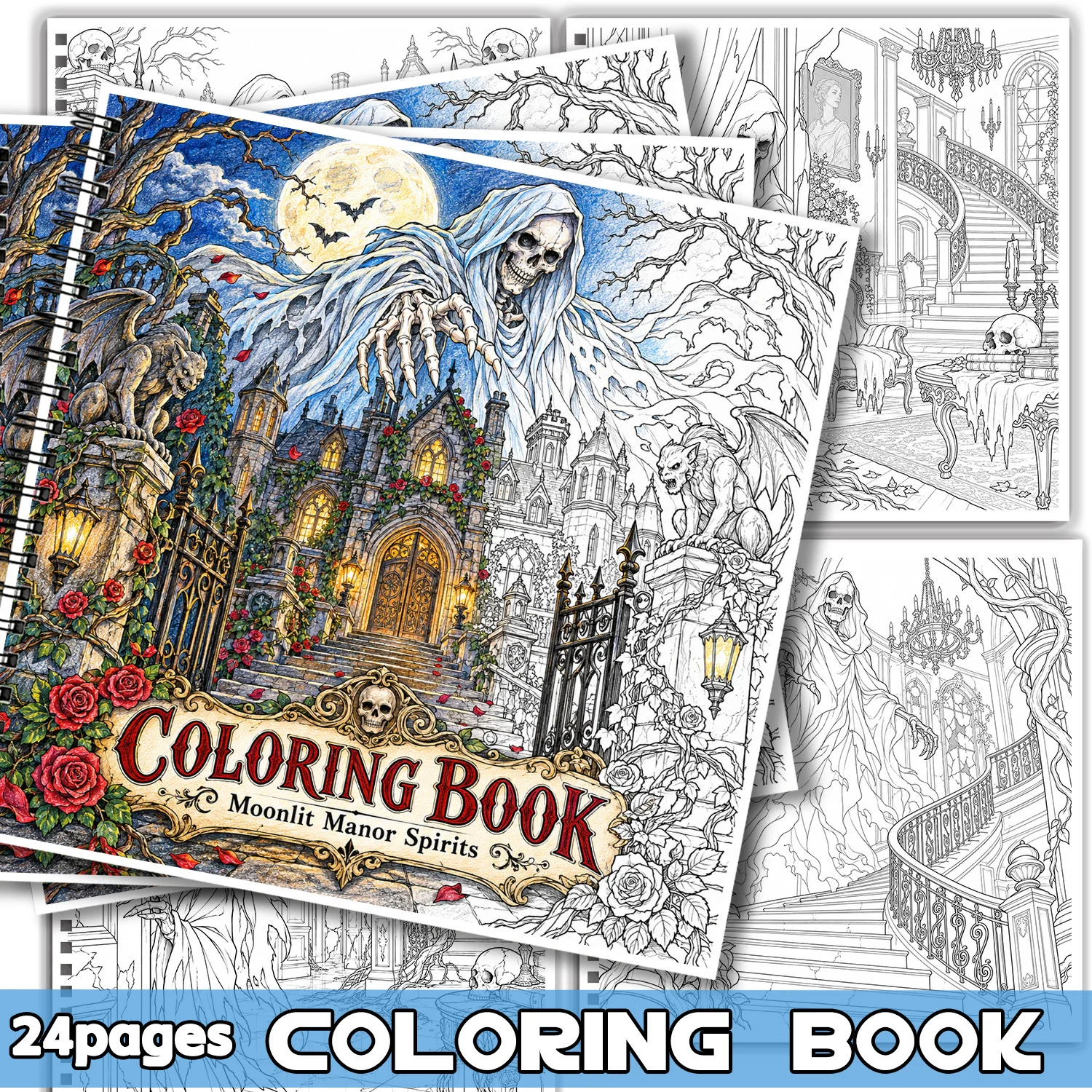 24 Pages Coloring Book Moonlit Manor Spirits Gift For Adults Teens Showcasing Creativity Relieving Stress Relaxing Body Mind