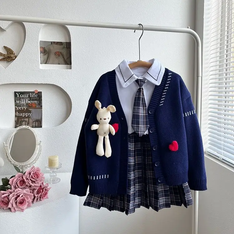 Child clothes Set Autumn winter College Style Primary School Student Set pleated skirt teen Girls sweater JK uniform 3 piece set