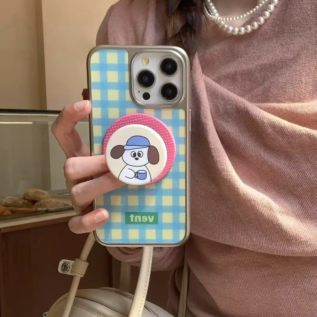 

Magnetic silver-colored frame iPhone case with matte finish and simple blue and yellow checkered pattern for phone protection