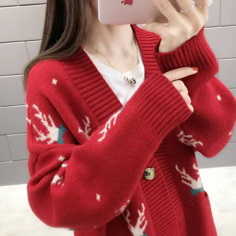 Christmas Deer Knitted Coat Femal Loose Cardigan For Women Long Sleeve Top New Casual Chic Office Lady\'s Sweater Single Breasted