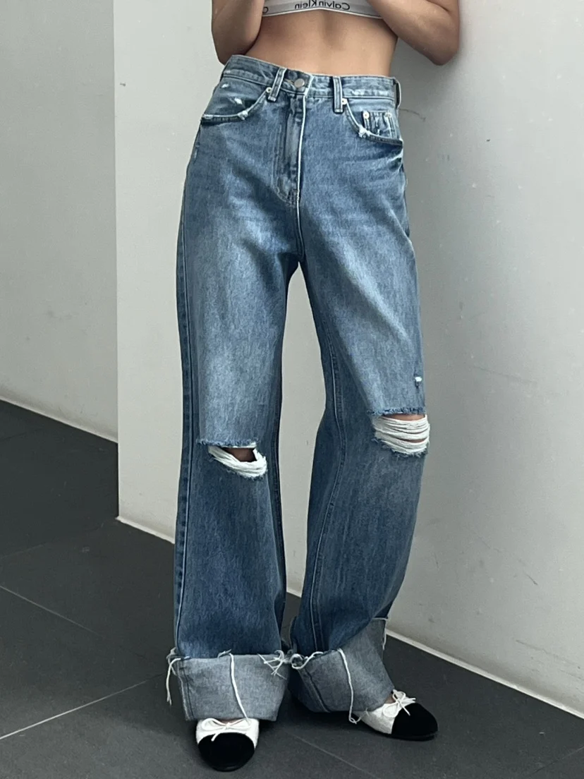 

Retro High Waist Slimming High-Low Hem Denim Jeans Women's Micro Flared Jeans Waed Roll up Cuffed Tear Friion Frayed Lon...