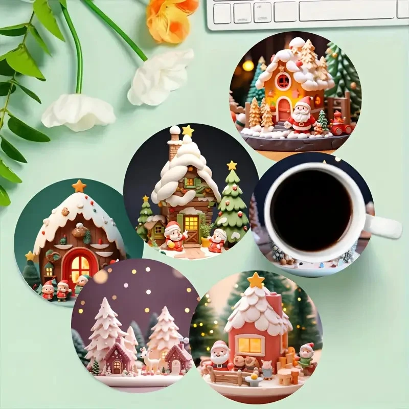2D Christmas Elements Santa Claus Snowy Scenery 4in Wooden Coaster Colour Printing Cup Mat Home Desk Decoration Gifts