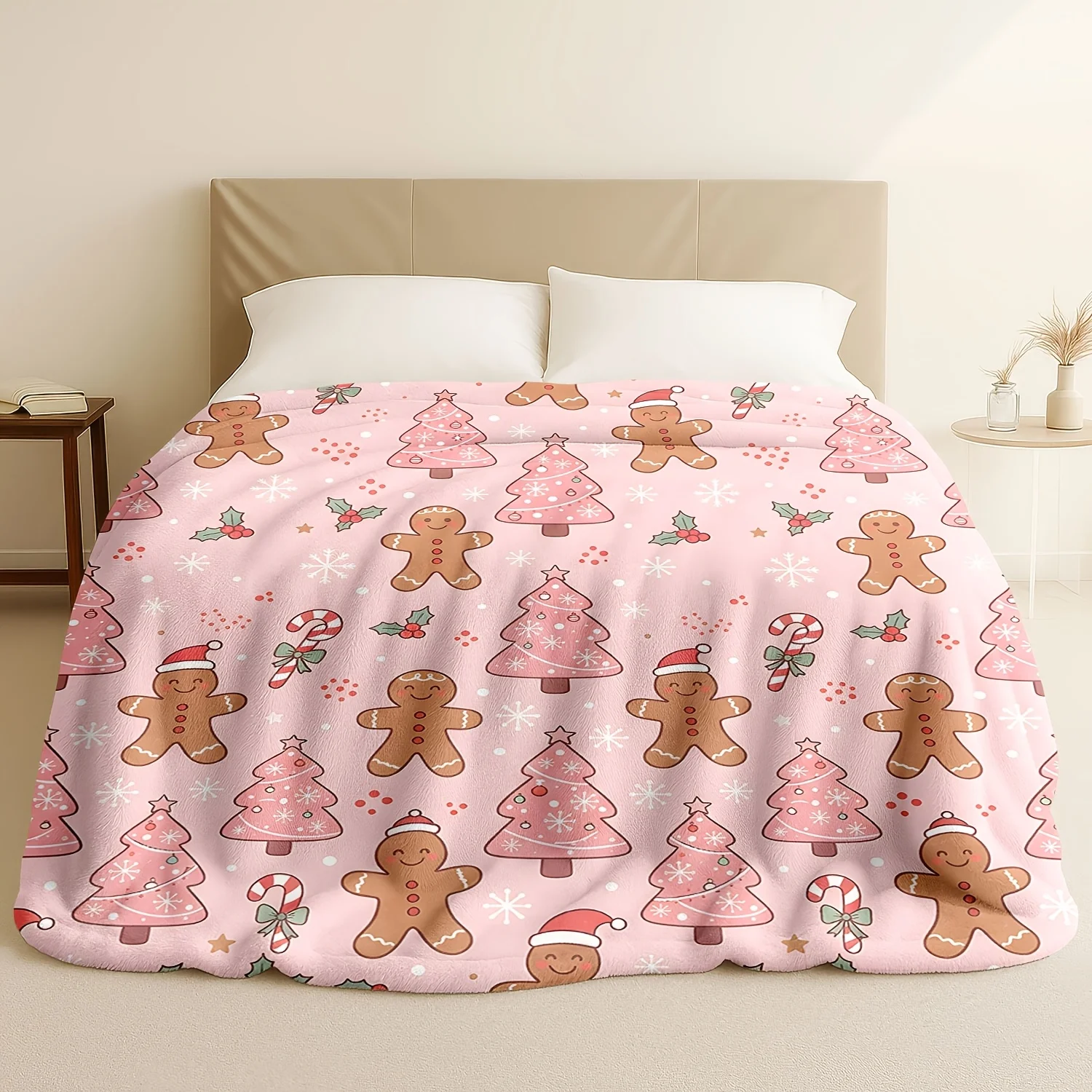 1pc Pink Christmas Gingerbread for Man and Christmas Tree Pattern Flannel Blanket - Soft and Warm, Suitable for Sofa, Bed, Car,