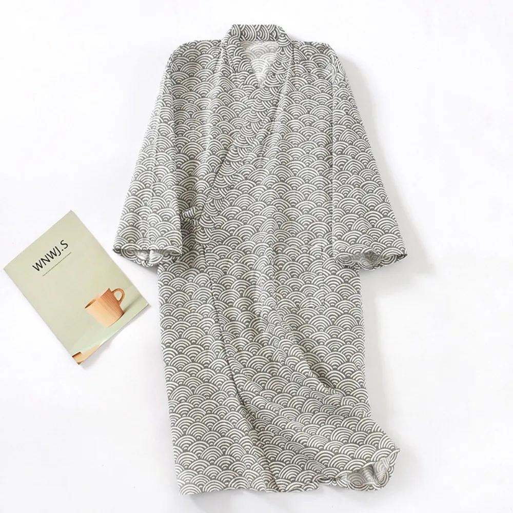 Nightdress V-Neck Men's Kimono Bathrobe Long Sleeve Thin Kimono Pajamas Loose Casual Japanese-Style Yukata Sauna - Image 3
