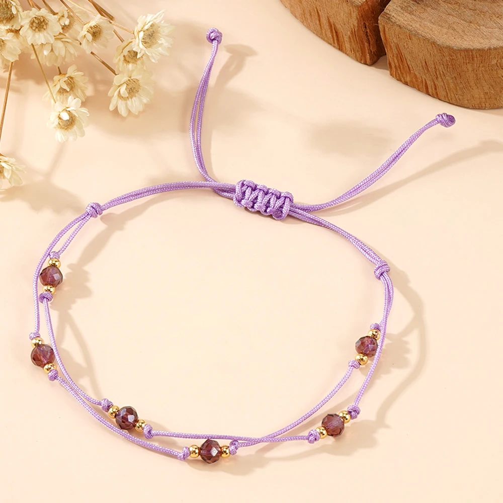Women’s Adjustable Purple String Bracelet with Double Layer Crystal & Gold color Beads Boho Handmade Braided Jewelry Gifts