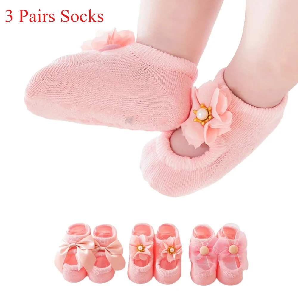 3 Pairs Cute Baby Socks Girls Spring Newborn Kids Flower Bowknot Lace Non-slip Children Floor Anti Skid Toddler Slipper