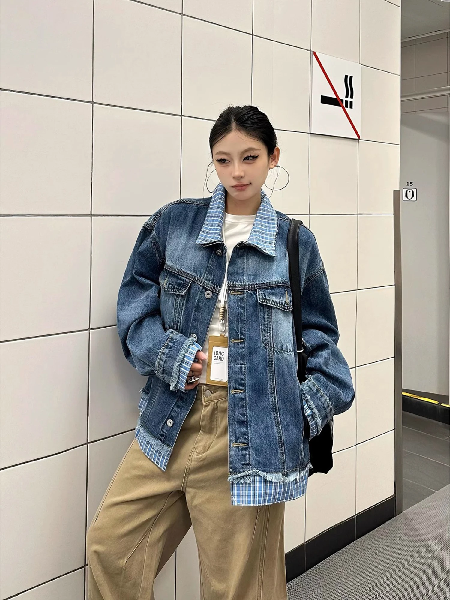 

American Retro Plaid Splicing Fake Two-Piece Denim Jaet Loose ex Spring Autumn Cleanfi Couple's Jaet Polyester Cotton...