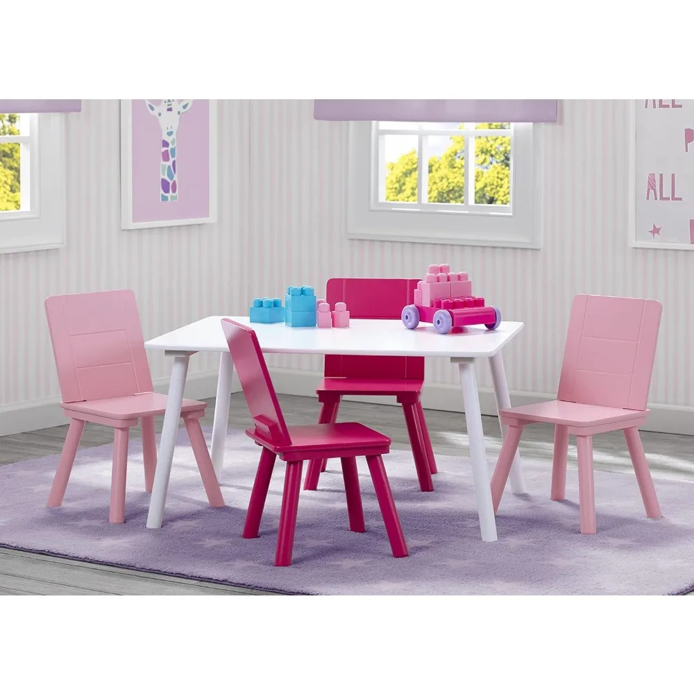 Kids Table and Chair Set (4 Chairs Included), White/Pink