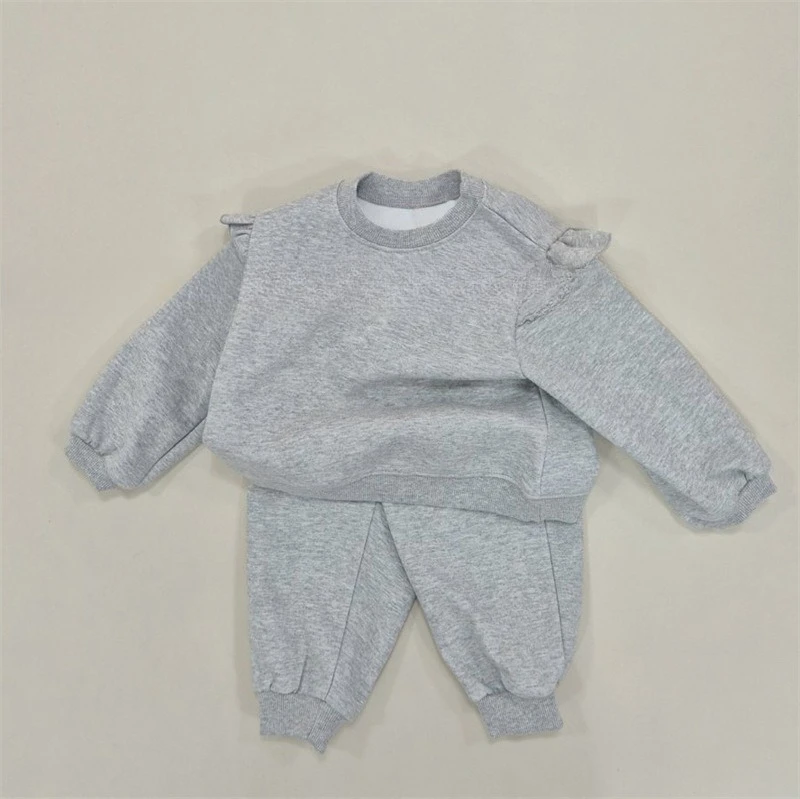 2025 novas meninas cor sólida conjunto com capuz outono em torno do pescoço manga longa pulôver & calças roupa de duas peças idades 2-6