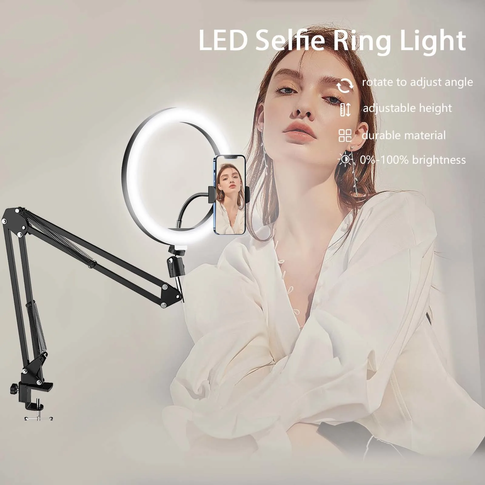 LED Selfie Ring Light Phone Stand With Folding Arm Circle Fill Light Dimmable Tripod Photography RingLight For YouTobe Streaming