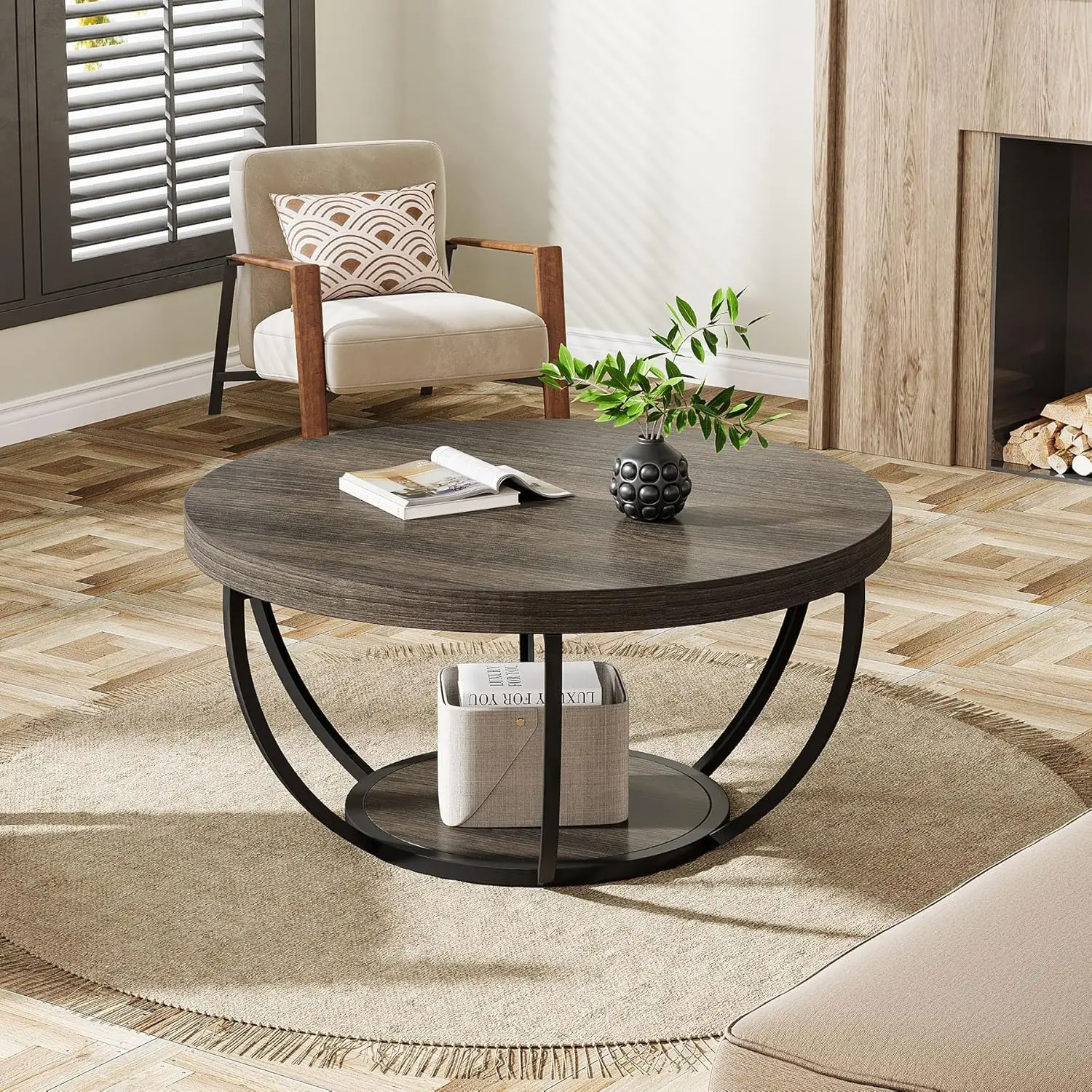 32" Circle Marble Coffee Tables, 2-Tier Golden Metal Legs Accent Center Table with Open Storage Modern Design Home Furniture image 5