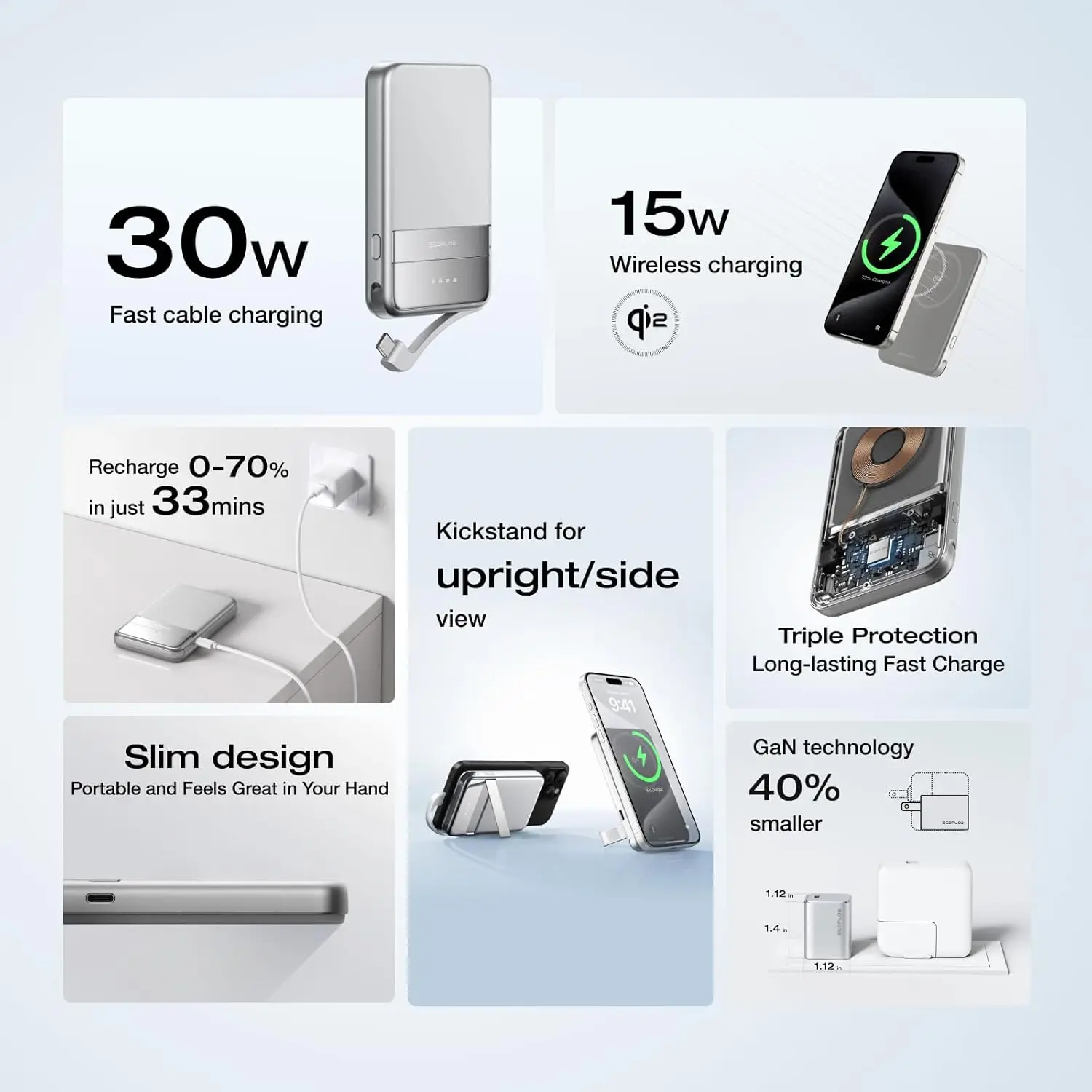 ECOFLOW Rapid Power Bank Wireless 5000mAh, Qi2 Certified Ultra-Fast Magnetic Portable Charger with Stand & Built-in USB-C Cables