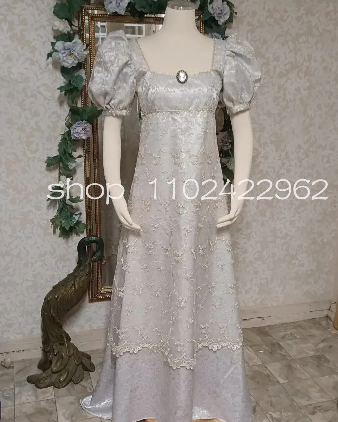 History Regency Evening Dresses Lace Applique Short Sleeve Medieval Renaissance Afternoon Walk Tea Prom Gown Plus Size