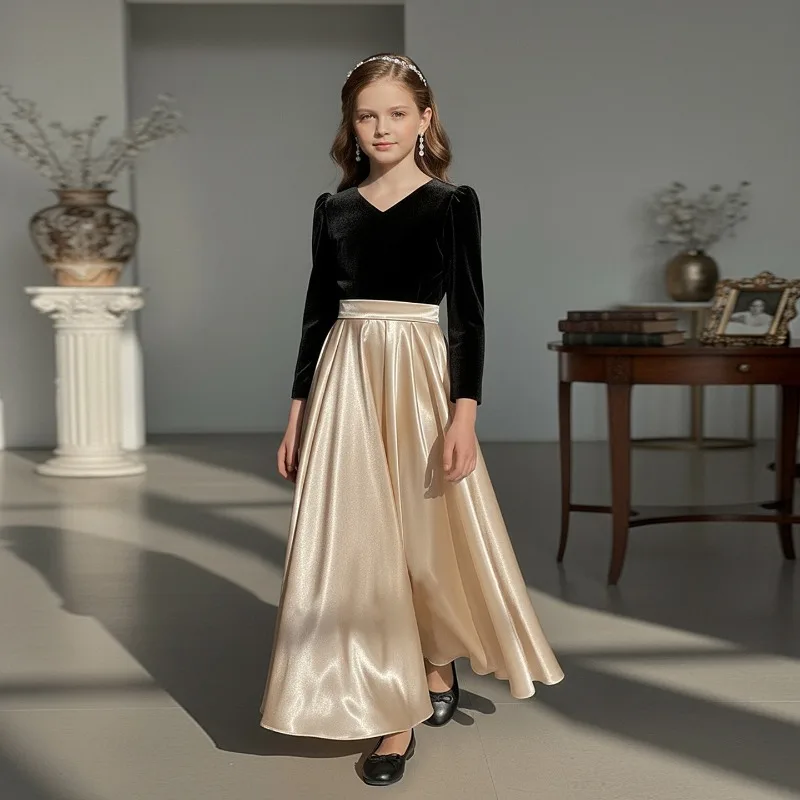 

Children Girls Black Long Pageant Dress Costume New Kids Princess Gown for Host Performance Formal Celebration Dresses Clothes