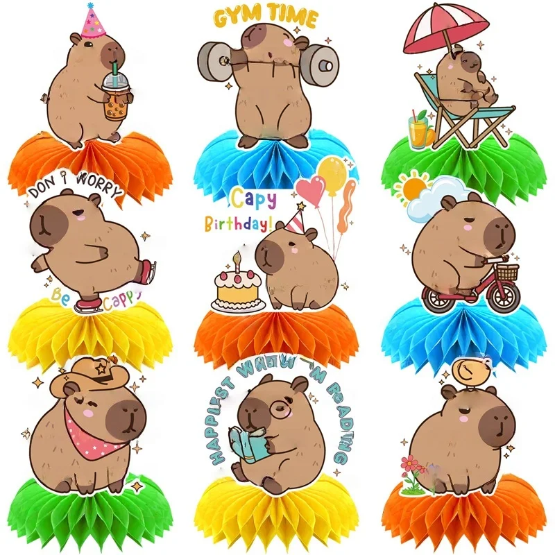 

New 9 Piece Capybara Theme Birthday Party Decorations Kids Party Supplies Honeycomb Ornaments Cake Decoration Background Center