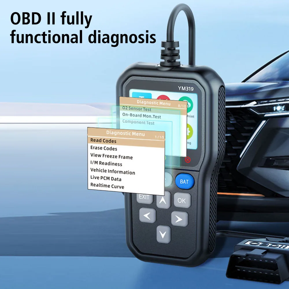 Code Reader YM319 Multi-language Check Engine System OBD2 Scanner Clear/Erase Codes Car Diagnostic Tool Battery Tester