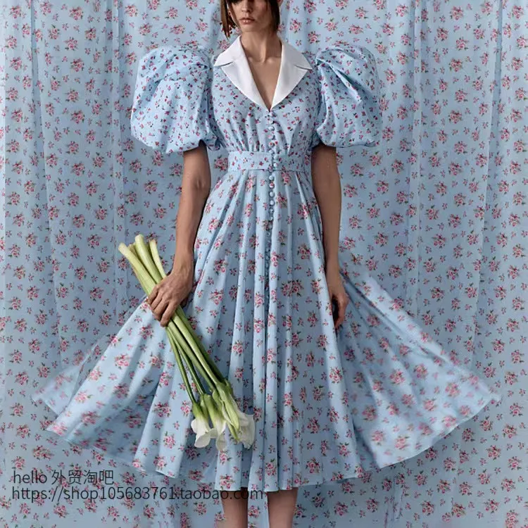 Faion Print Dr زر واحد ort Sve طويل Dr Bubble Sve الحلو عالية الخصر ألف خط تنورة ارتداء اليومي عميق V Ne