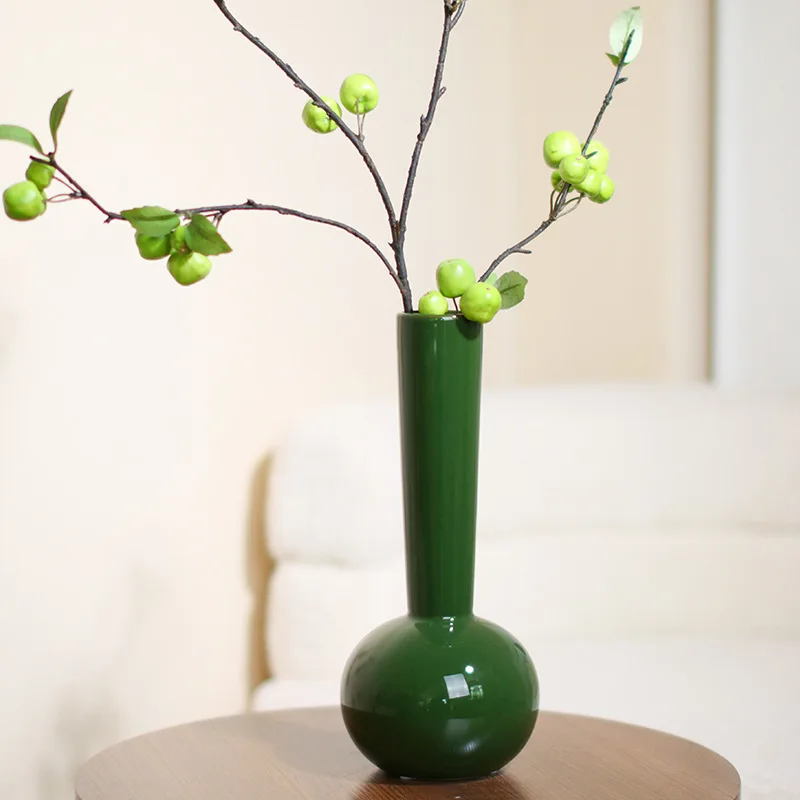 1PC Ceramic Swan Neck Vase Medieval High-end Green Modern Art Small-caliber Ornament Niche Retro Decoration