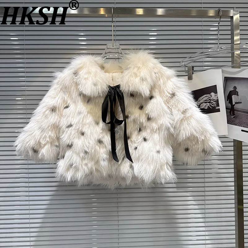 

HKSH Autumn Winter New Women Faux Fur Coat Color Block Turn-down Collar Lace-up Luxury Elegant Fashion Short Warm Jacket HK18792