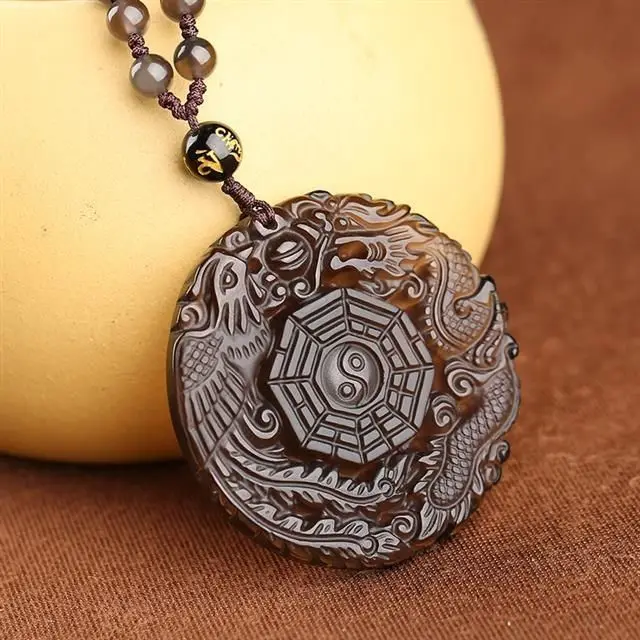 Ice Obsidian Dragon Phoenix Bagua Pendant Lucky Blessing Good Fortune Amulet Unisex Adjustable Necklace Traditional Chinese Feng