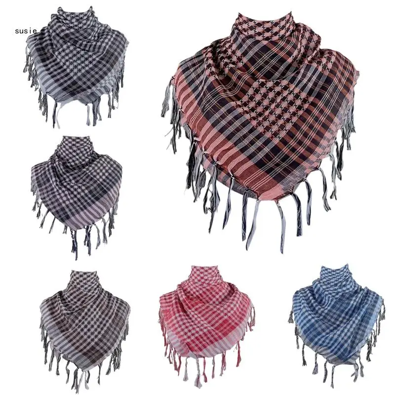 Colorblock Houndstooth Arab Keffiyeh Shemagh Scarf Tassels Lightweight Neck Warmer Cover Desert Scarves Shawl Headwrap
