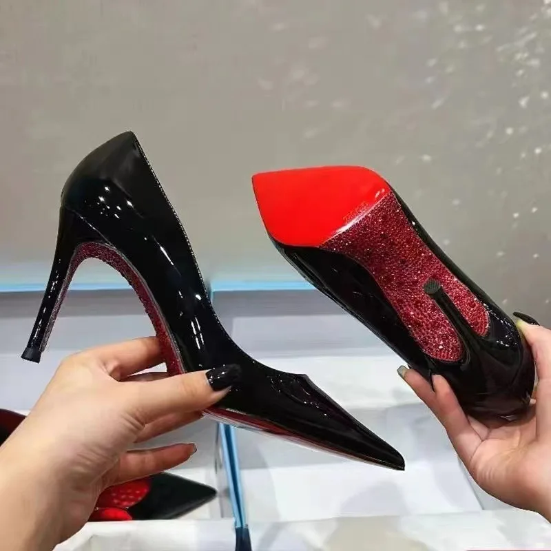 Elegant Hollow Women's High Heels Luxury Brand Black Pointed Toe Pumps Shiny Bottoms Sexy Fashion Ladies Shoes Women view 5