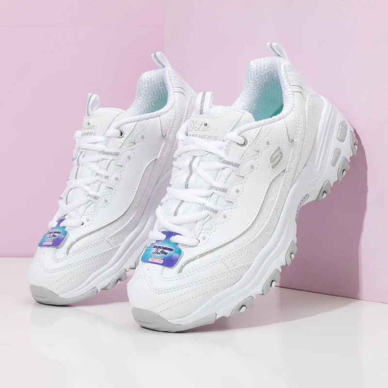 Skechers Women's White Shoes, Cushioning and Breathable Sports Shoes, Thick-Soled Panda Shoes, Dad Shoes, Casual Shoes 11959-Wht
