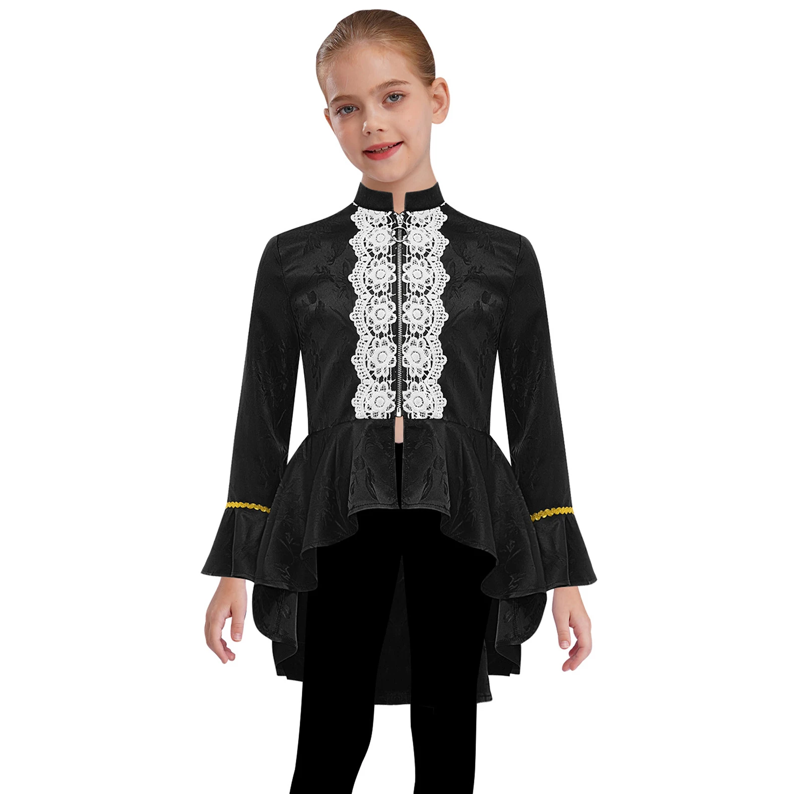 Girls Halloween Medieval Renaissance Gothic Tailcoat Steampunk Victorian Pirate Costume Long Sleeves Lace Flounce Tuxedo Jacket