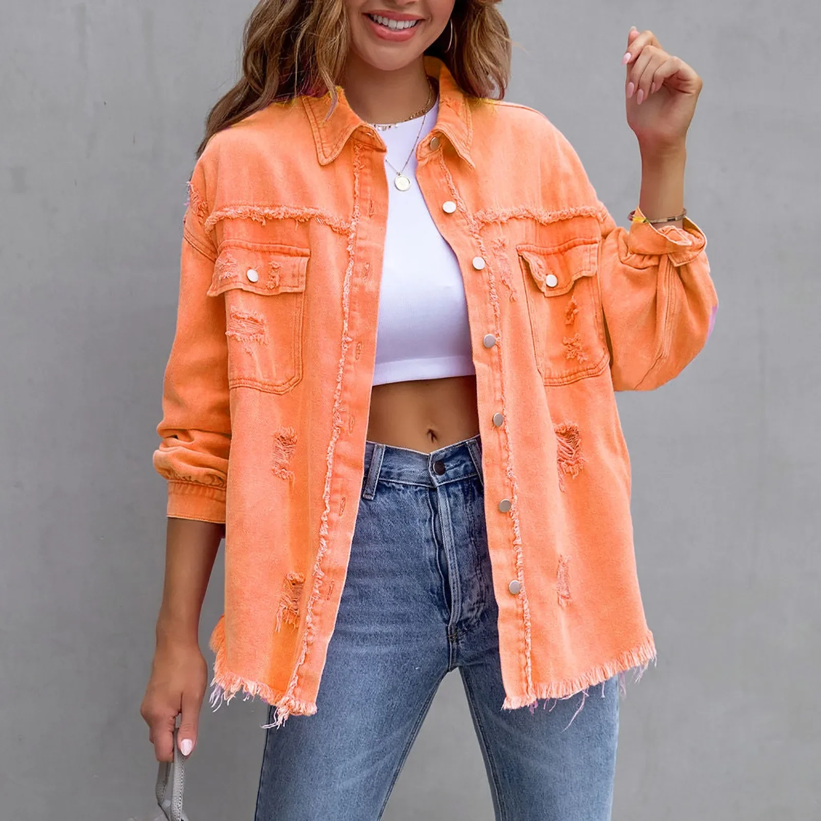 Women's Trendy Ripped Oversized Denim Jacket with pocket Casual solid lapel button tops temperment Boyfriend Distressed Jackets