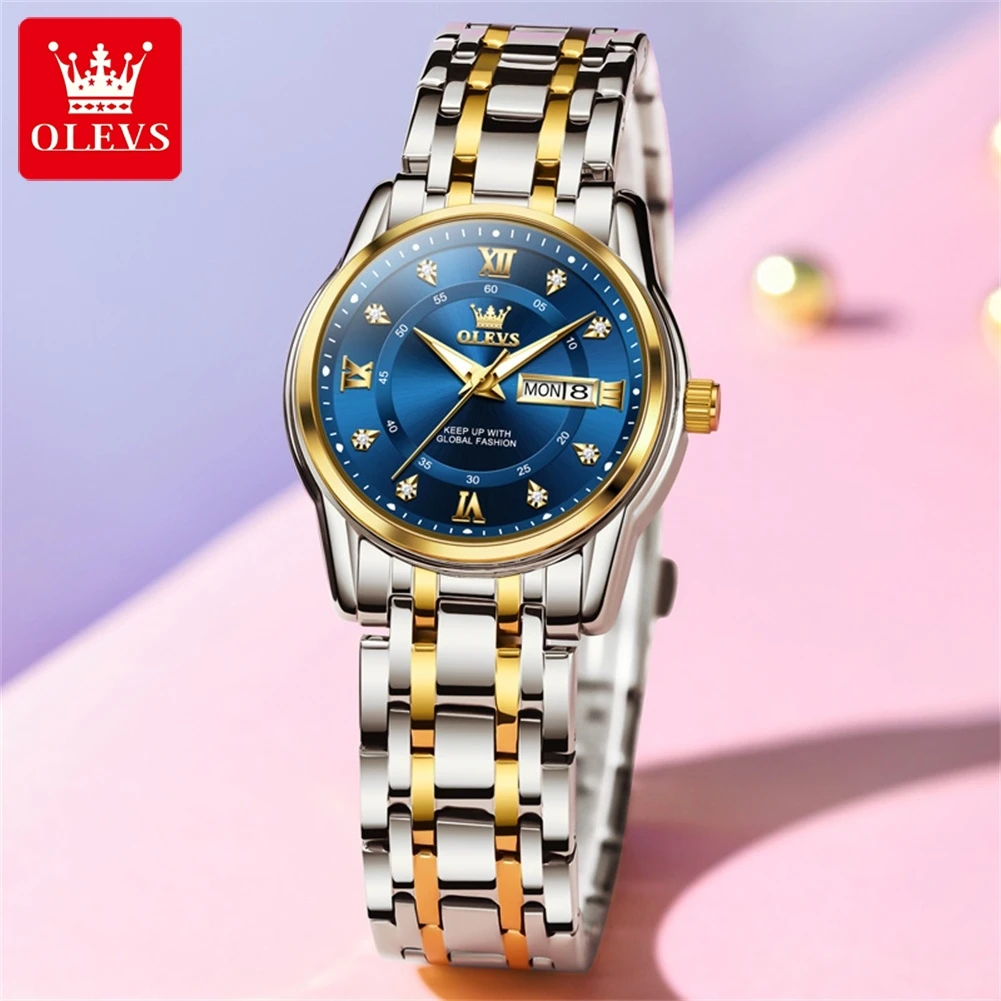 OLEVS-Reloj de lujo para mujer, pulsera elegante de diamantes a prueba de agua de acero inoxidable dorado, relojes de pulsera de cuarzo originales