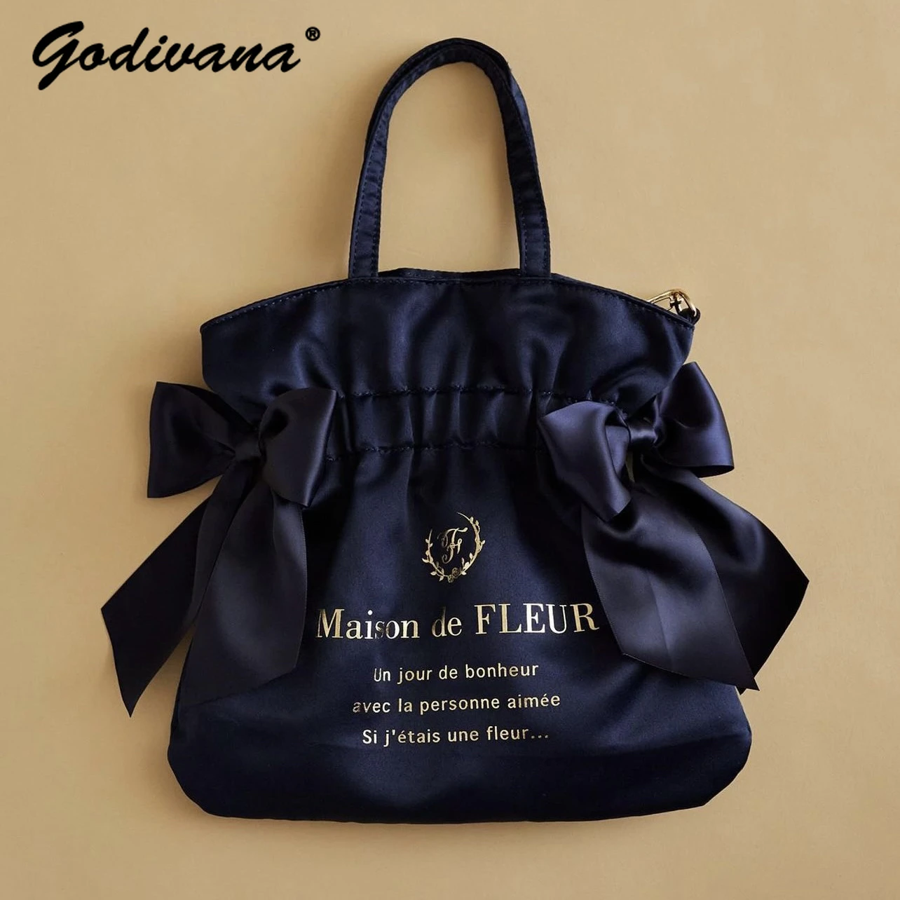 Japanese Style Cute Satin Silk Double Bow Messenger Bag Bronzing Letters Drawstring Shoulder Bag Girl Women\'s Soft Handbags