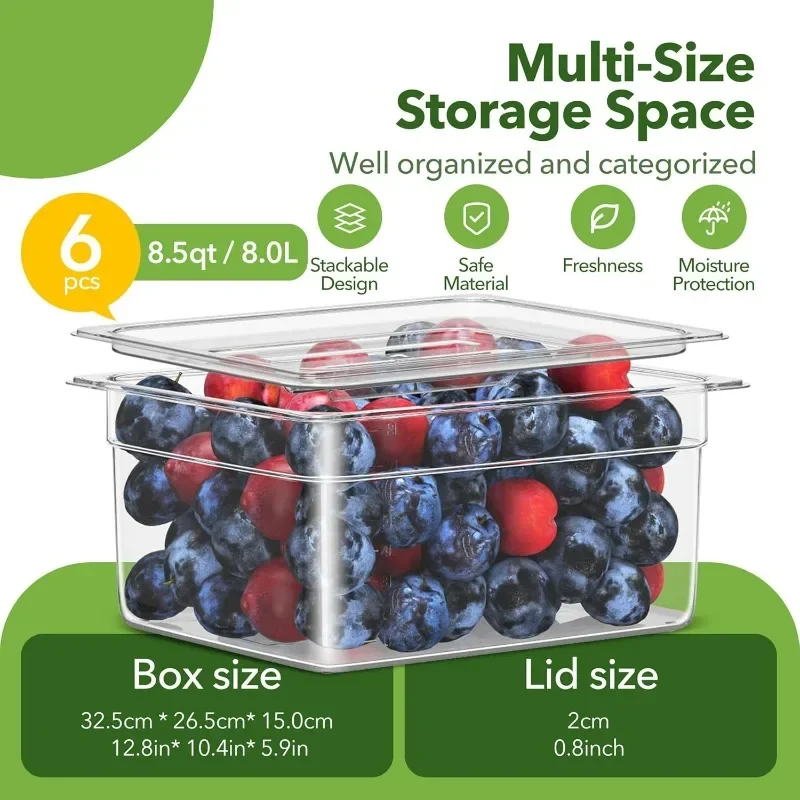 6 Pack Plastic Food Pan with Lid 1/2 Size Restaurant Clear Food Storage Containers Polycarbonate Commercial Hotel Pans