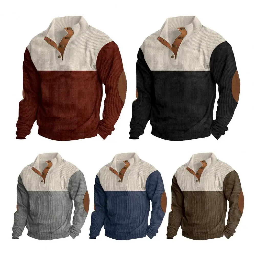 

1Pc Fall Spring Men Sweatshirt Buttoned Stand Collar Slicing Long Sleeves Pullover Cozy Colorblock Loose Sport Casual Daily Top