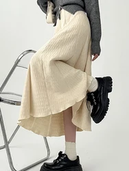 2024 Spring Summer Korean Fashion Women A Line High Waist Mid-Long Skirts Female Loose Pleated Skirt Vintage Elegant Streetwear