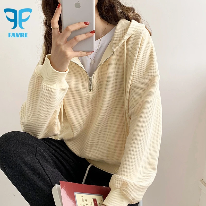 

FAVRE Solid Plaid Sweatshirts Womens All-match Zipper Pullovers Spring Autumn Hoodies Korean Version Niche Loose Ins Casual Tops