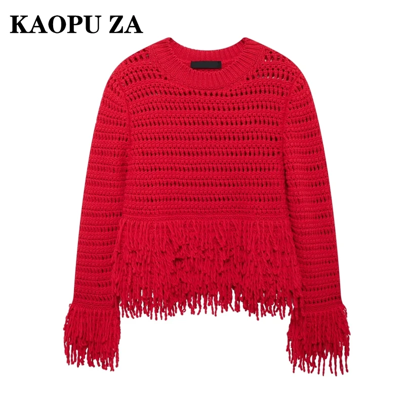 

KAOPU ZA 2024 Autumn Woman Casual Solid Color Knit Sweater Top Female Fashion O-Collar Long Sleeve tassel Jumper Long Sleeve Top