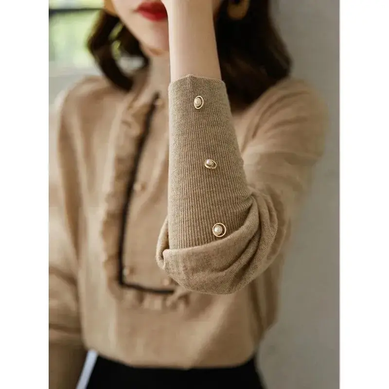 Autumn Winter New Solid Color Half High Collar Long Sleeve Sweater Women High Street Pullovers Elegant Edible Tree Fungus Tops