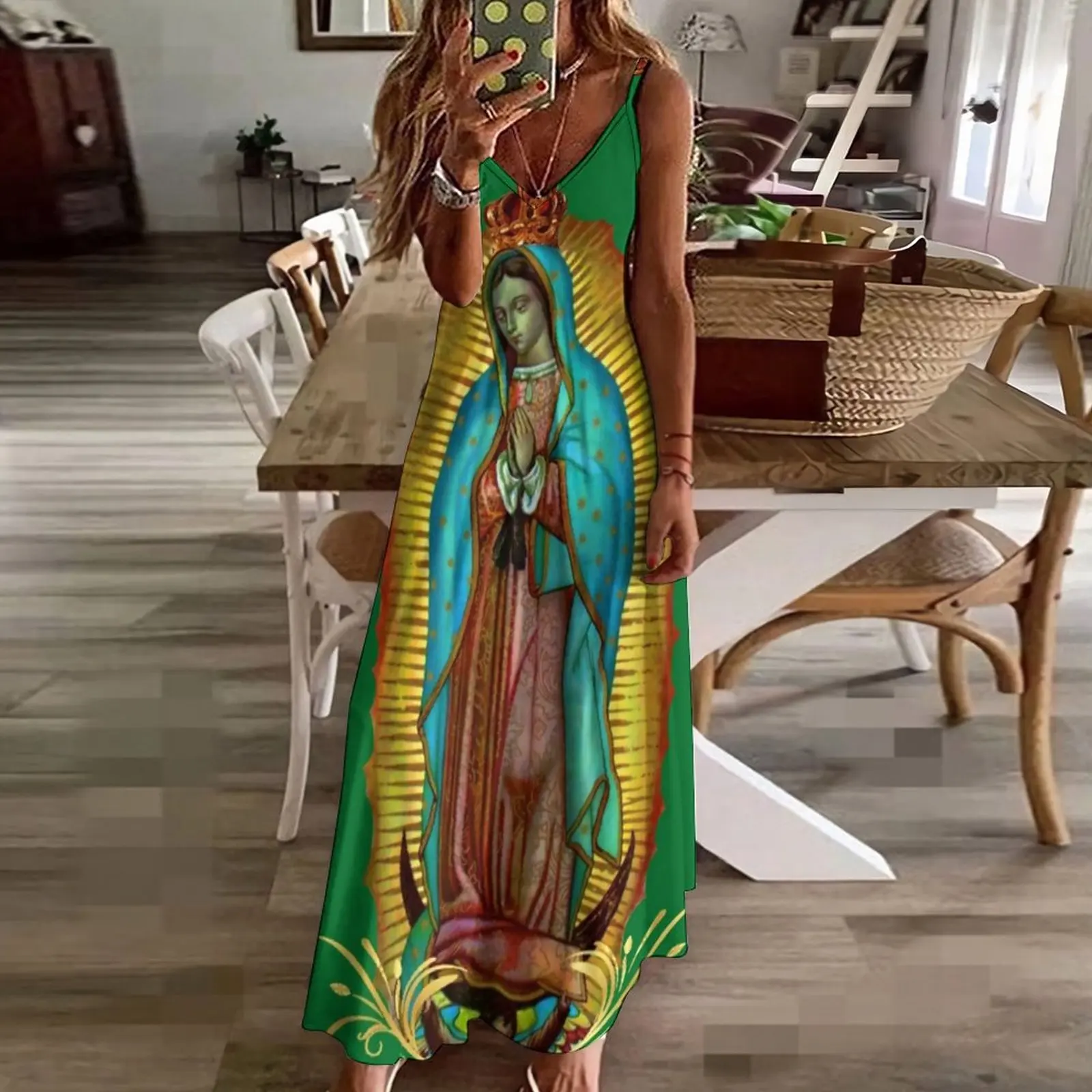 Virgin Mary Dress Mexican Virgin Cute Maxi Dress elegante Boho Beach abiti lunghi femminile Spaghetti Strap stampato 3XL 4XL 5XL