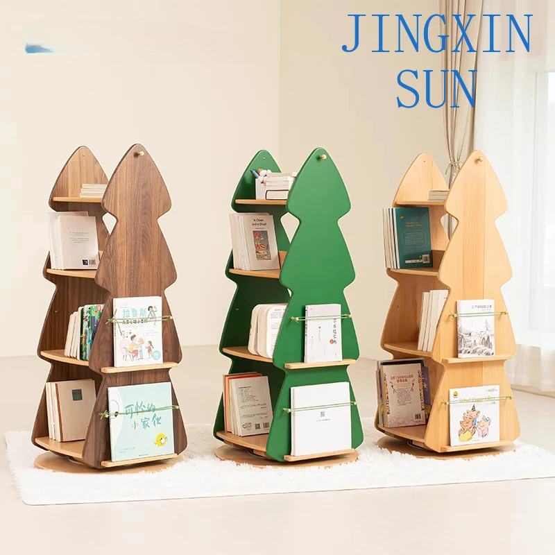 Children's bookshelf picture book rack full solid wood storage learning multi-layer log color 360-degree solid wood rotating