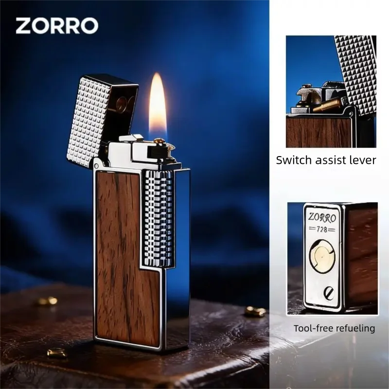 ZORRO Side Slip Lighter Solid Pear Wood Metal Windproof Petrol Slim Pocket Lighter Luxury Gift Men Smoking Accessory