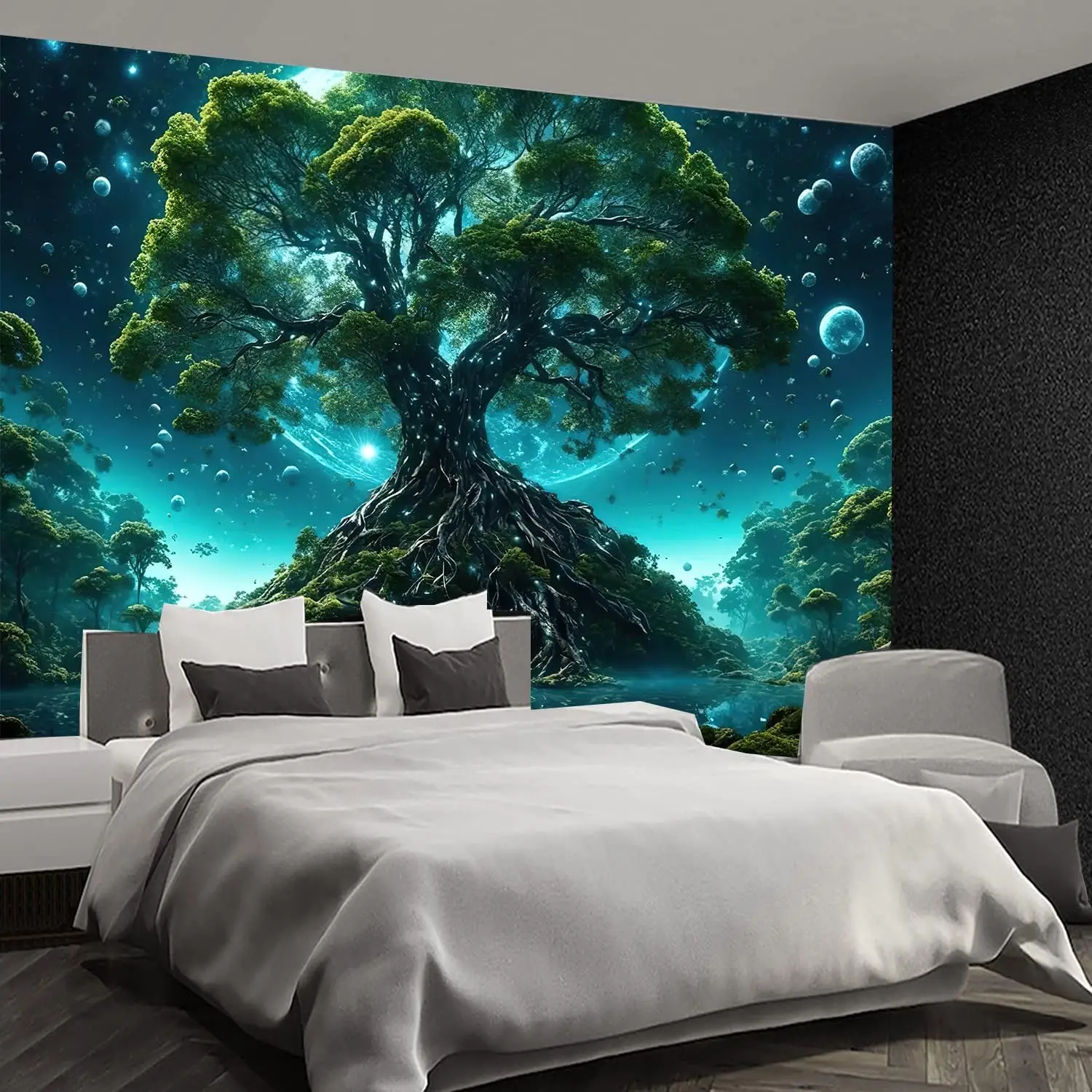 Tree of Life Tapestry Nature Green Tree Wall Hanging Aesthetic Moon Night Fantasy Wonderland Tree Plants Wall Art For Home Dorm