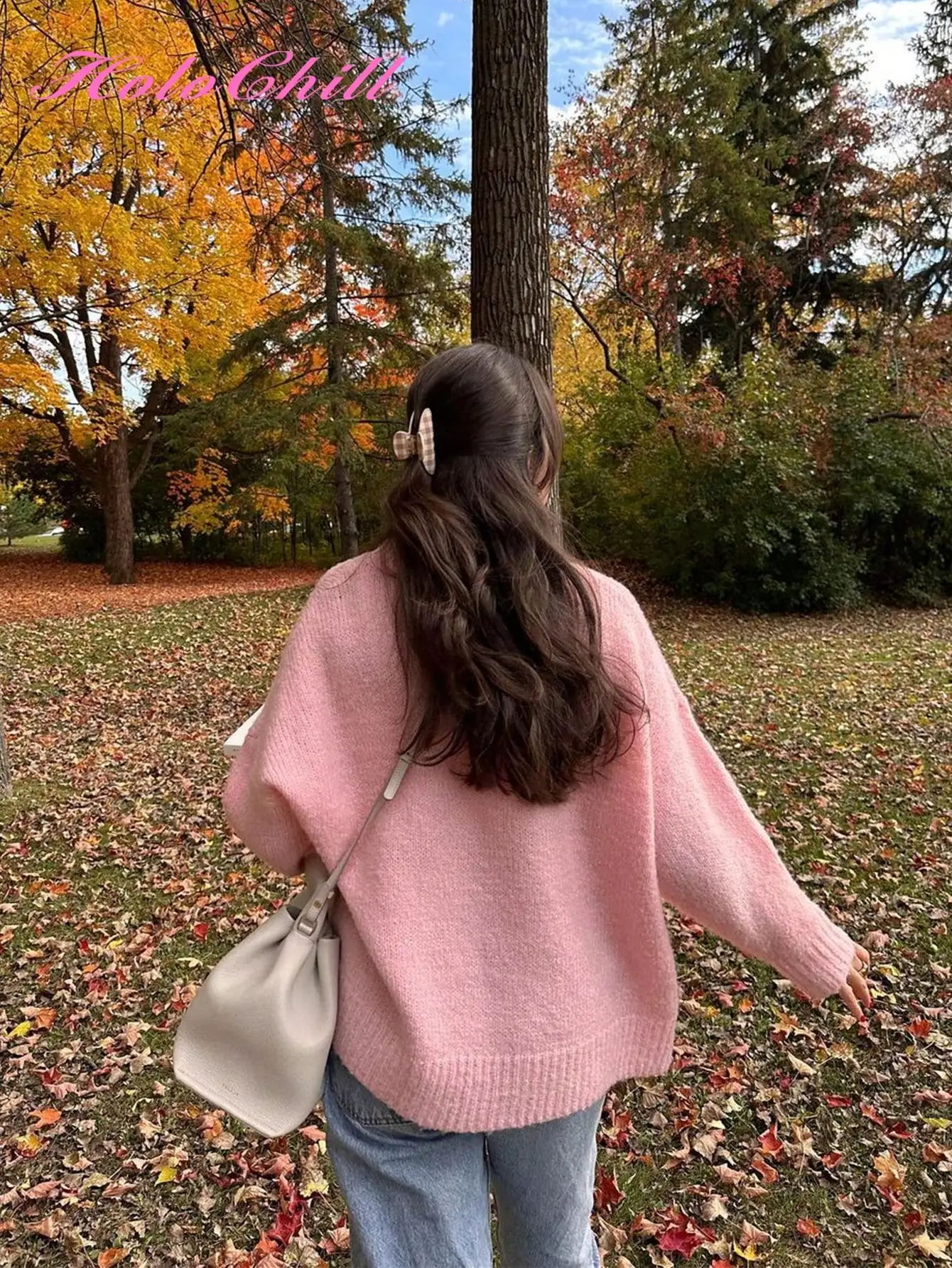 

Женский розовый свободный свитер с круглым вырезом для повседневной осенней носки