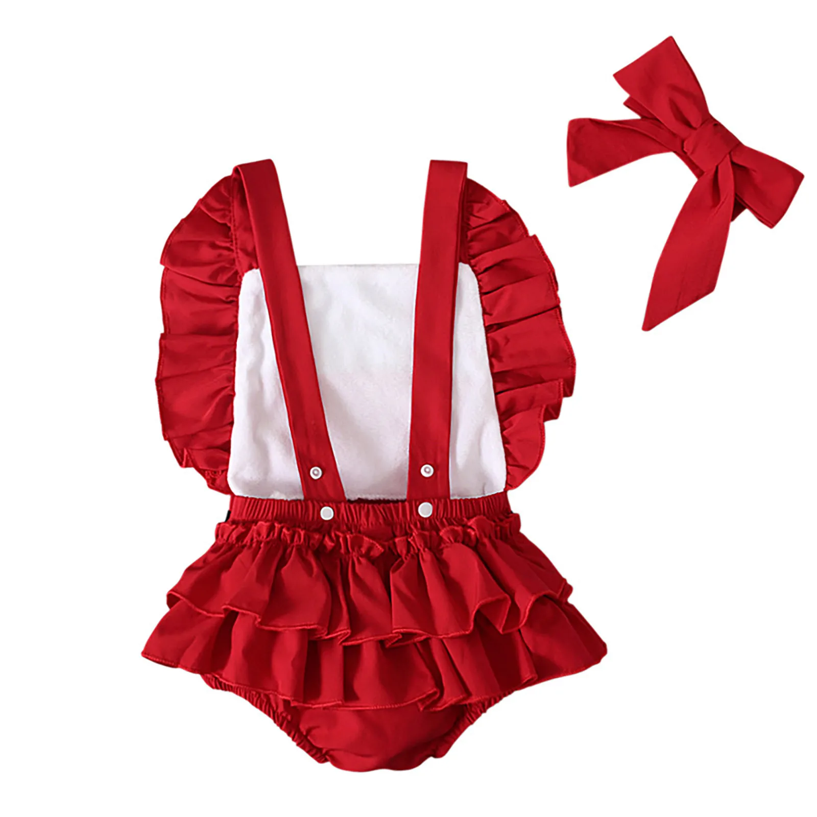 Toddler Baby Girls Christmas Santa Claus Costume New Year Party Cosplay Red Romper Flutter Sleeve Ruffle Bodysuit with Headband