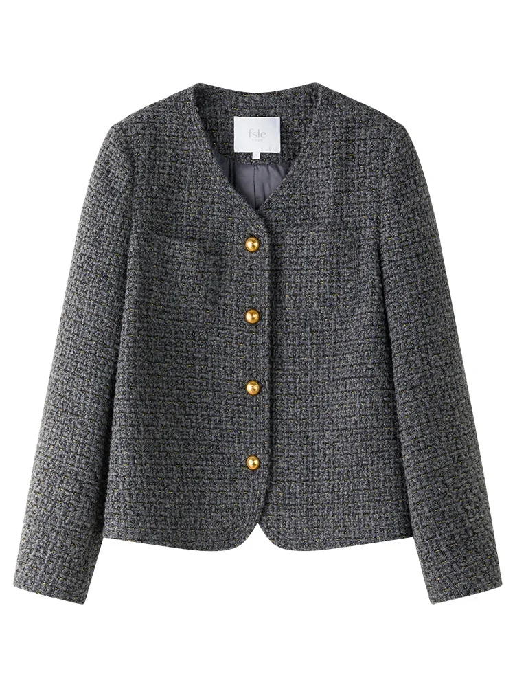 FSLE Office Lady giacca profumata stile francese donna autunno inverno 2023 nuova giacca in Tweed di lana per donna cappotti Casual grigi