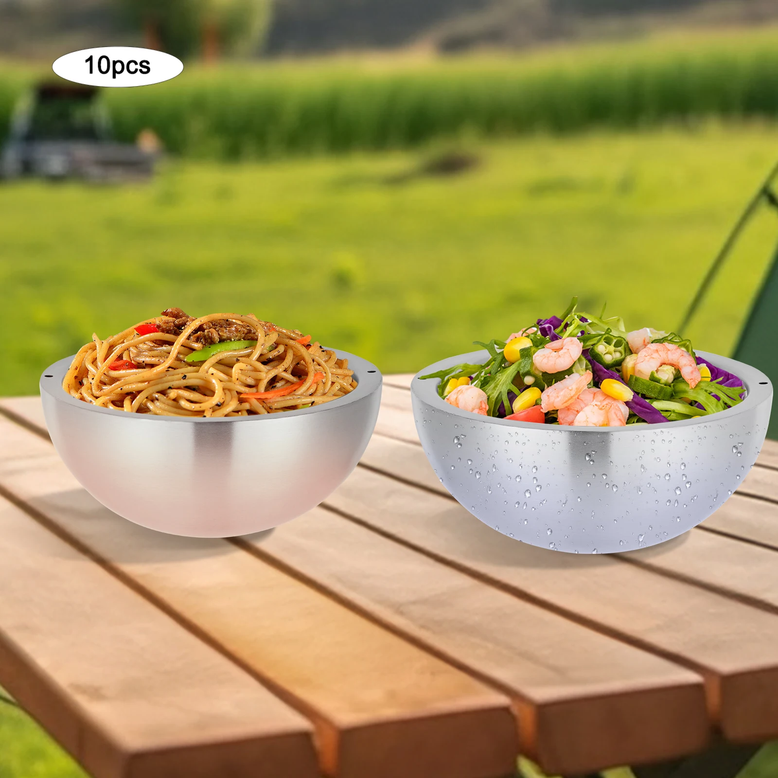 10 Pack Insulated 304 Stainless Steel Salad Bowls, 33.8Oz Water Injection Temperature Control Mixing Serving Bowls, Non-Slip Stackable Silver Sanded Bowl For Home Camping Party Food Prep