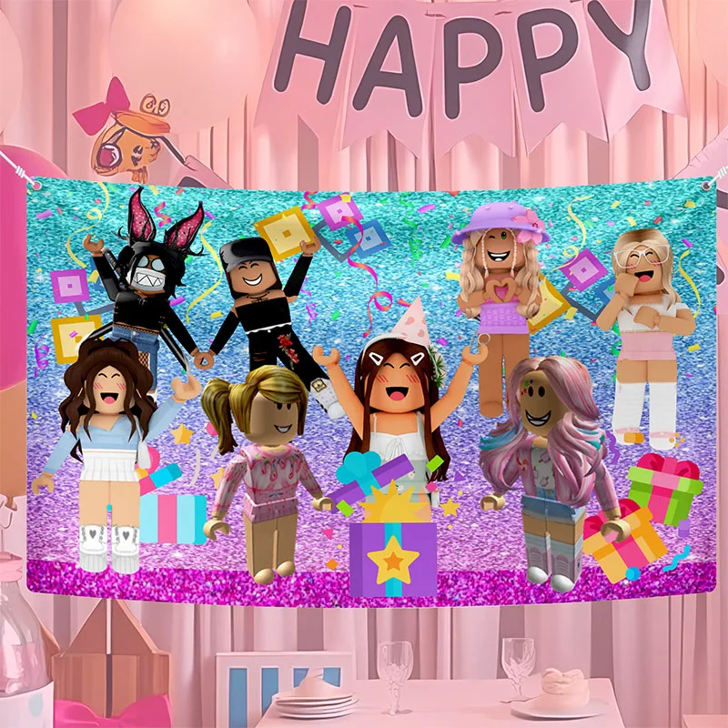 Purple Pink Robloxed Cartoon Birthday Background Party Decoration Items Shoot Venue Layout Props Birthday Decor Curtain Props