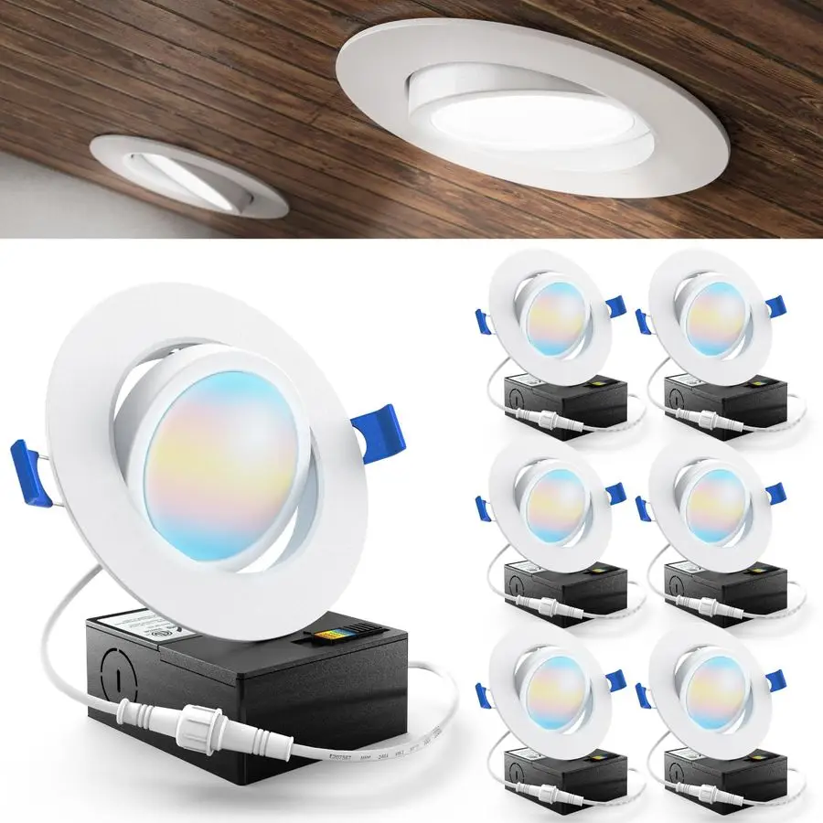 

Lighting 6 Pack Recessed LED Lights Canless 4 Inch Eyeball Gimbal 12W, Selectable 2700K 3000K 3500K 4000K 5000K, Angled Directio