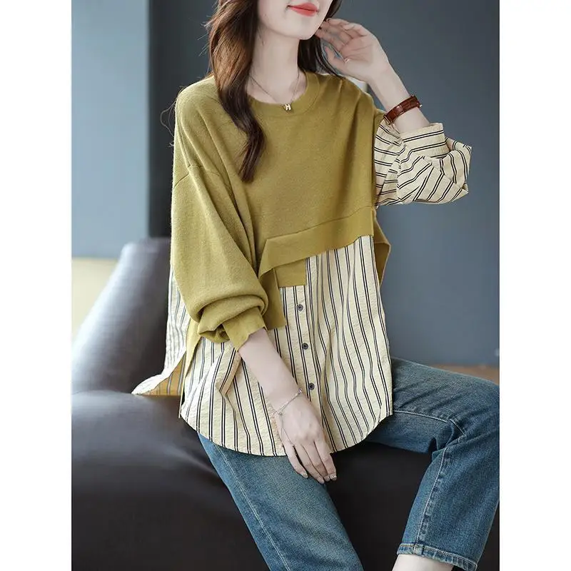 Simplicity Spring Women\'s O-Neck Button Striped Fake Two Pieces Patchwork Fashion Casual Loose Long Sleeve Mid-length Shirt Tops