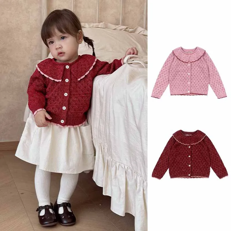 

Girls Knitted Cardigan Sweater Ins Autumn Winter Style Baby Girl's Sweet Lace Collar Gold Thread Sweater Baby Girl's Outerwear